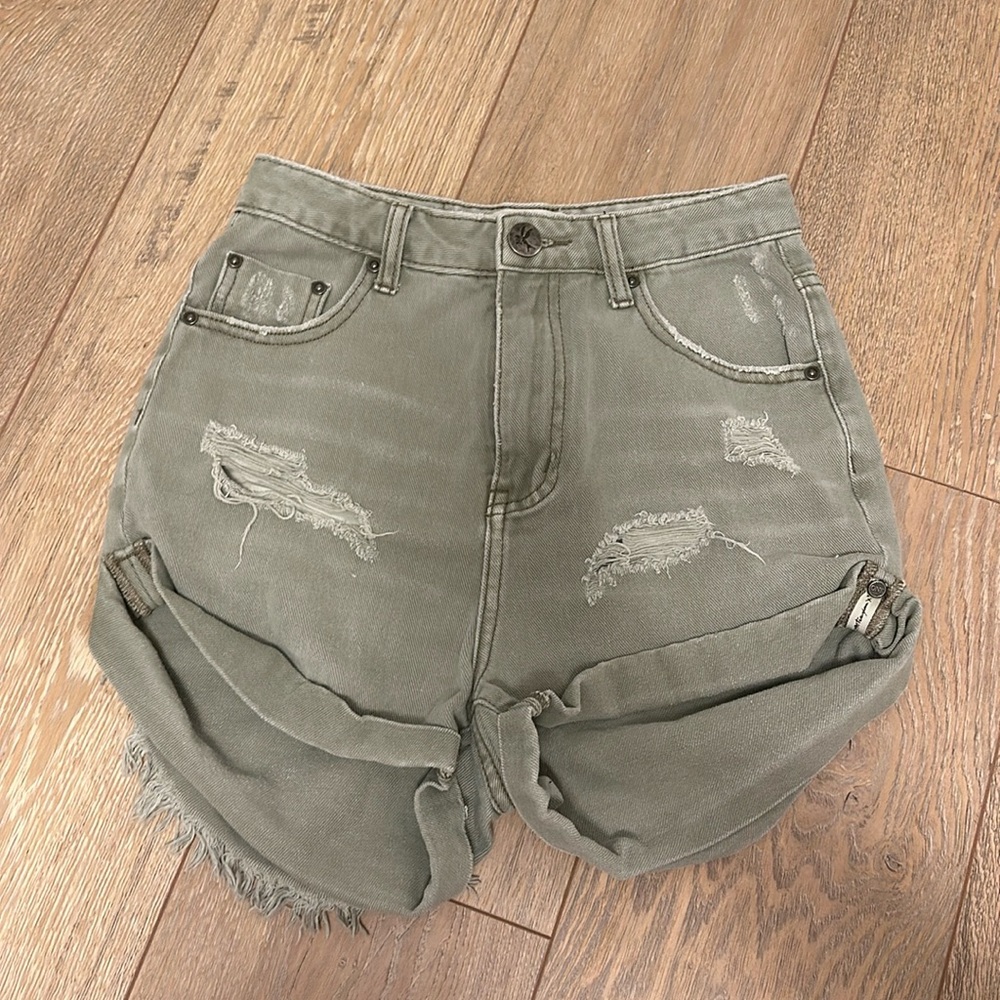 One Teaspoon Green High Waist Bandits Distressed
Denim Jean Shorts